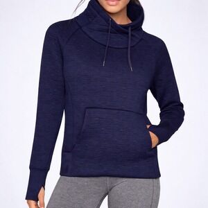 Athleta Wom. Medium Navy Blue  Mock Funnel Neck pullover Thumbholes Jaquard